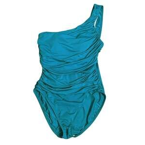 La Blanca Size 10 One Piece Swimsuit Bathing Suit One Shoulder Shirred Aqua